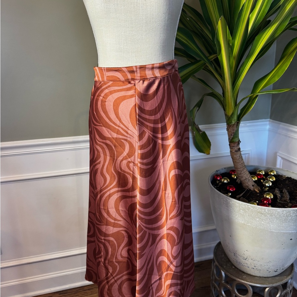 Altar'd State Rust Mauve Psychedelic Swirl Satin Midi Skirt Womens Medium Boho